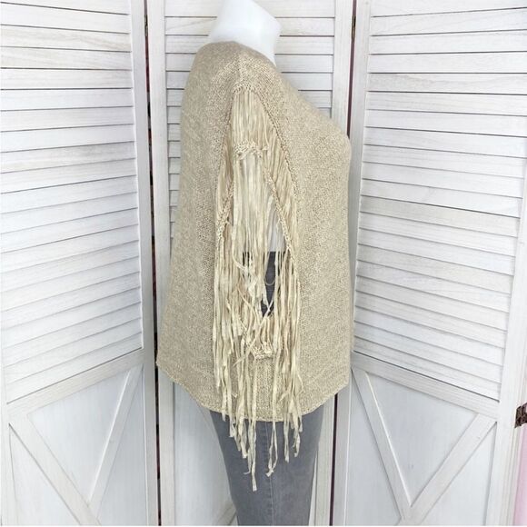 Chico’s Boho Western Tarrin Tape Yarn Fringe Poncho Sweater Taupe Tan Large XL - Picture 3 of 11